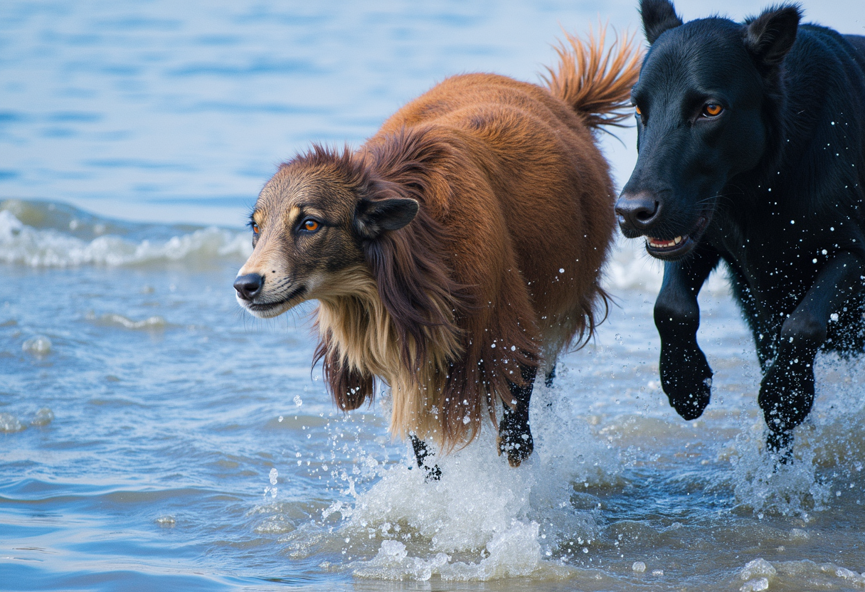 Photo of two dogs running side-by-side in shallow water, lossily compressed using the DiffC algorithm